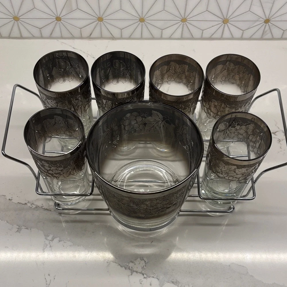 MCM Dorothy Thorpe Grape Pattern Silver Fade Ice Bucket & Six 12 Oz. Tumblers